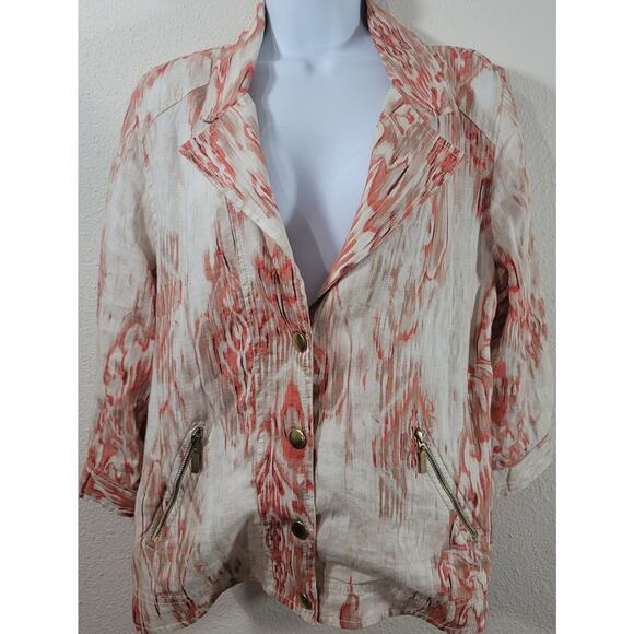 Chico's Cream Orange Abstract Print Half Snap Closure Jacket 2 Large Lightweight - Picture 1 of 7